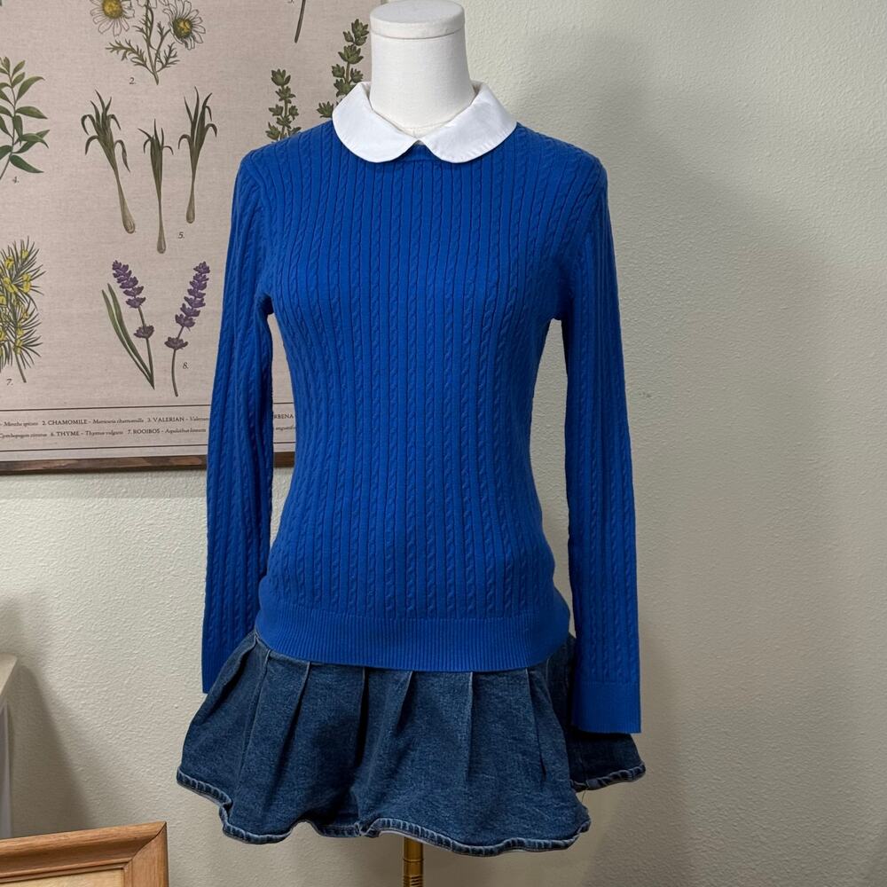 Blue Cotton Cable Knit Collared Pullover Sweater Heritage Preppy Academia Prep M